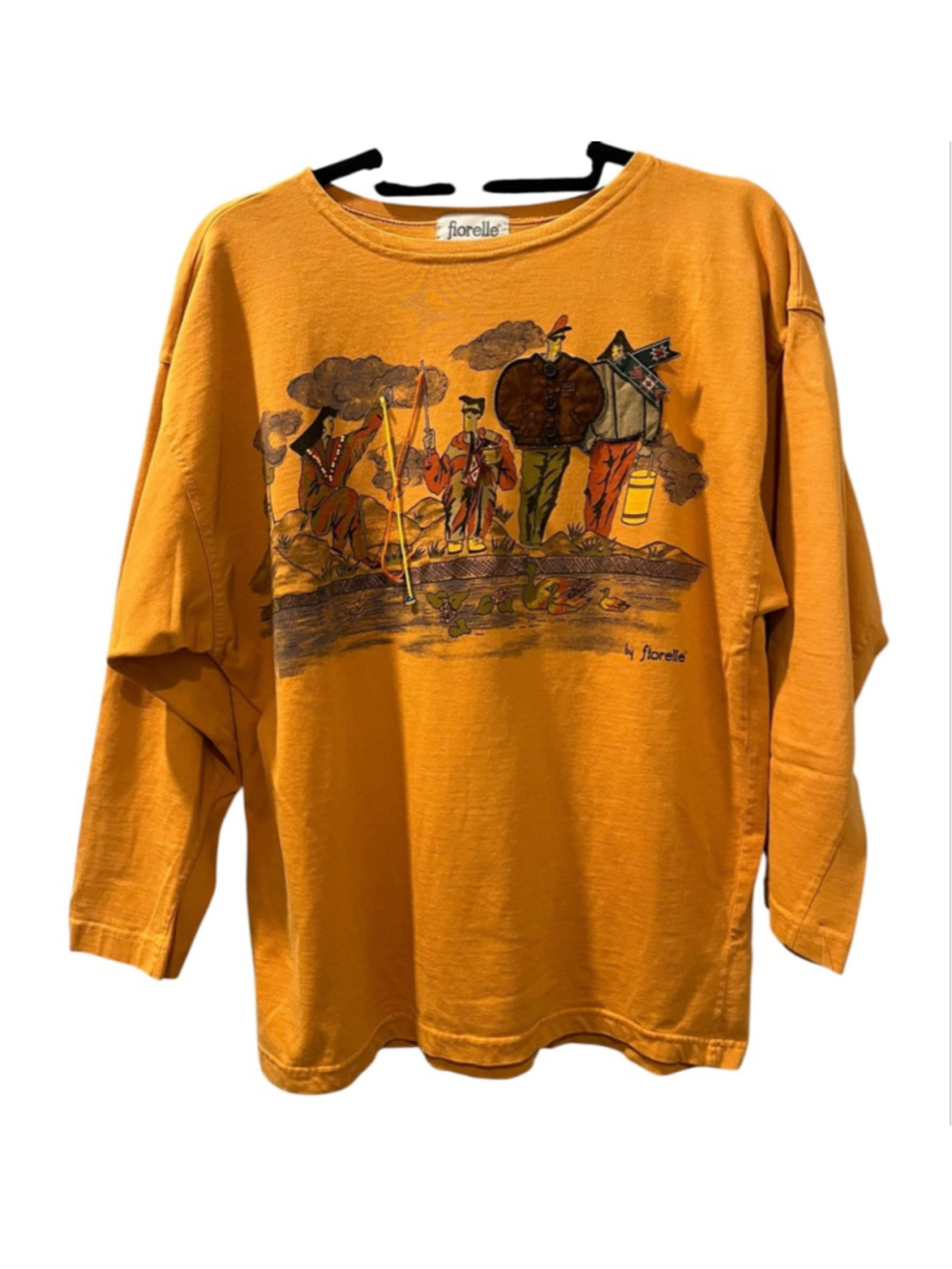 Fiorelle Sport Vintage Fishing Artwork Long Sleeve Shirt Size Large Whimsical
